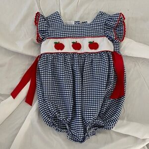 Blue Gingham Romper with Red Apple Embroidery